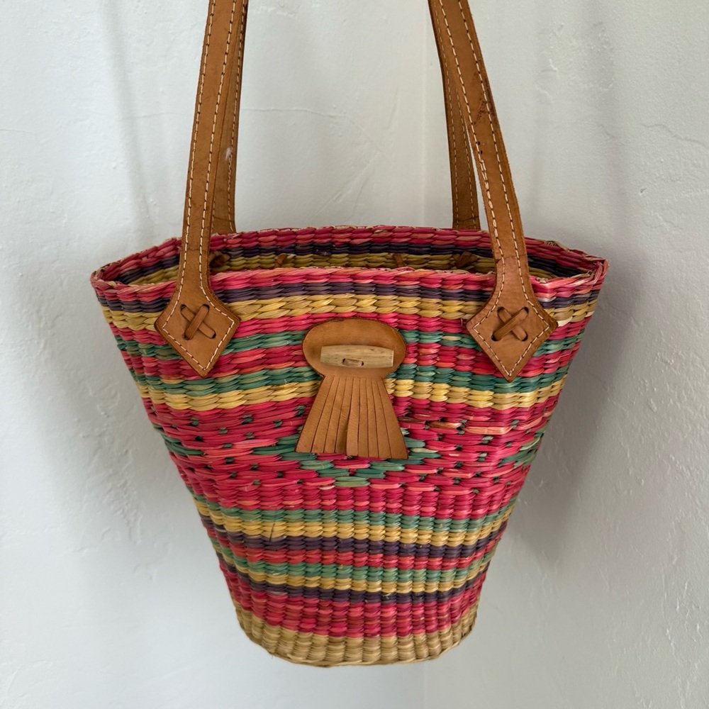 Vintage Woven Raffia Bucket Tote Multicolor with Leather Trim - Picture 2 of 13